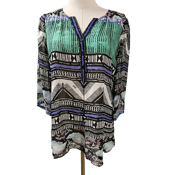 Hale Bob Blue Green Geometric, Sheer 100% Silk Tunic Top, Size Small 4 6‎ - Picture 1 of 4